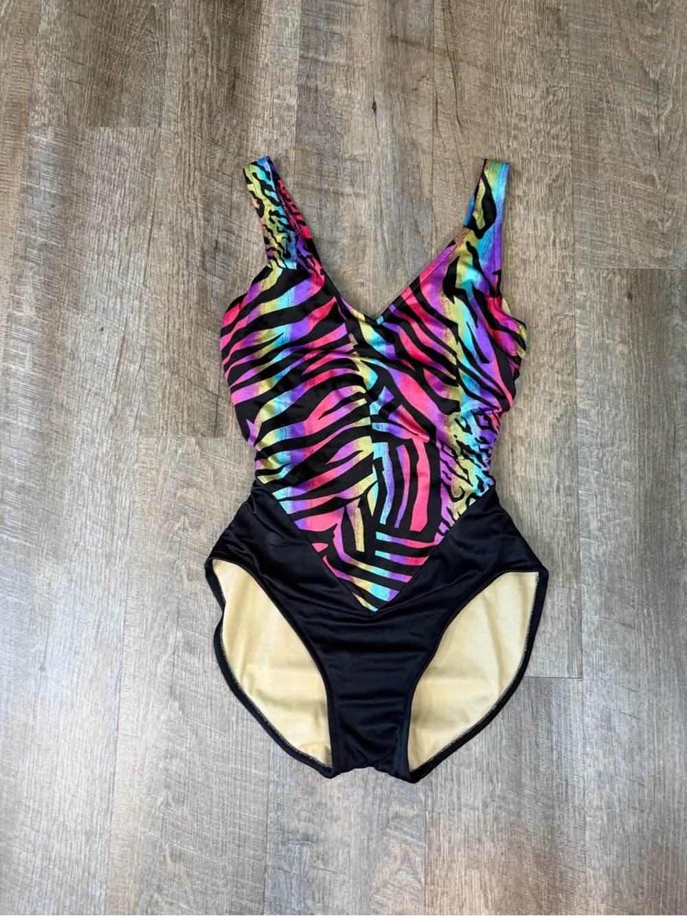 Vintage The Slim Suit Rainbow Zebra Print One Piece Swimsuit Size 8 USA Made